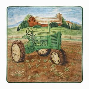 VTG Vintage John Deere 80" x 90" Thick Plush Blanket Farm Tractor Americana EUC